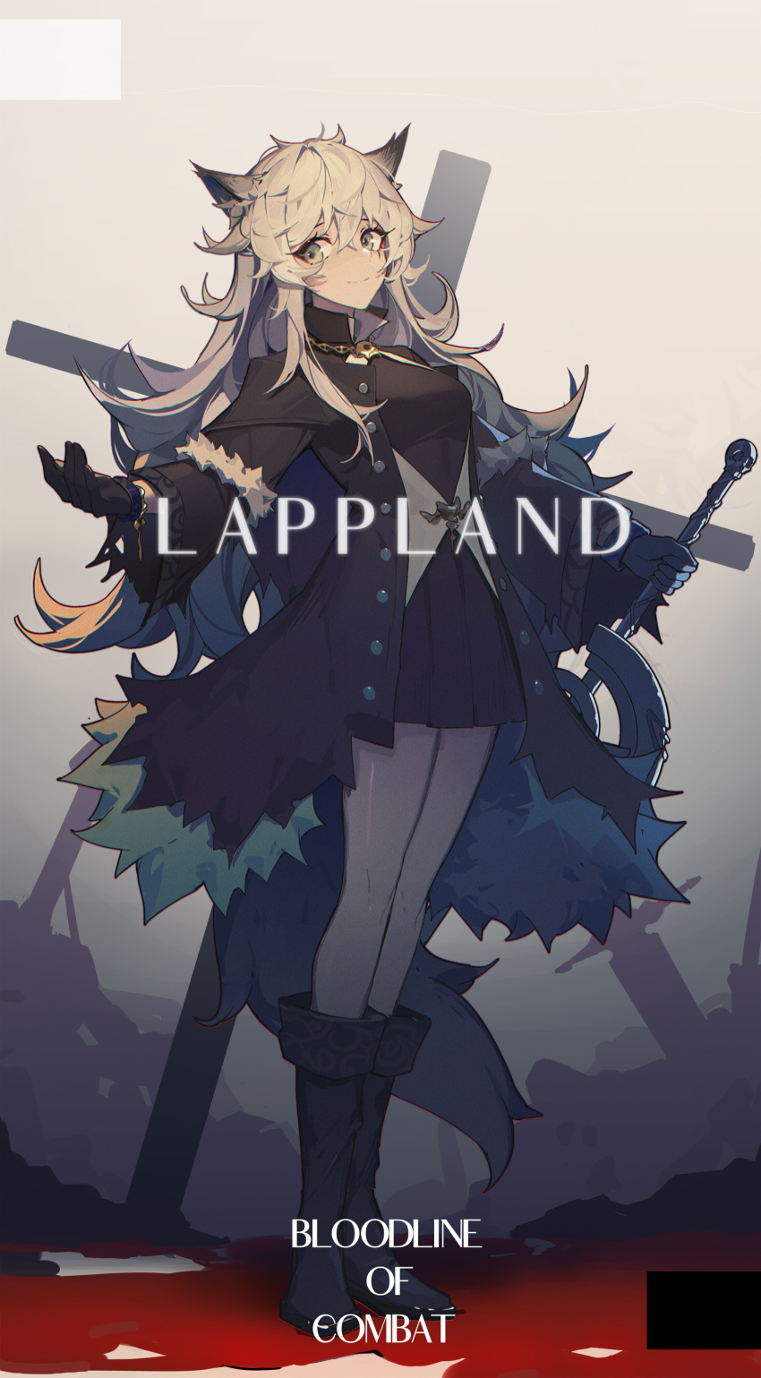1girl absurdres alternate_costume animal_ears arknights background_text bangs bare_legs black_coat black_dress black_footwear black_gloves blood boots character_name coat commentary_request dress english_text eyebrows_visible_through_hair full_body gloves grey_eyes hand_up highres holding holding_sword holding_weapon lappland_(arknights) long_hair looking_to_the_side mongarit open_clothes open_coat planted_sword planted_weapon scar scar_across_eye sharp_teeth shirt short_dress silver_hair smile solo standing sword teeth weapon white_shirt wolf_ears