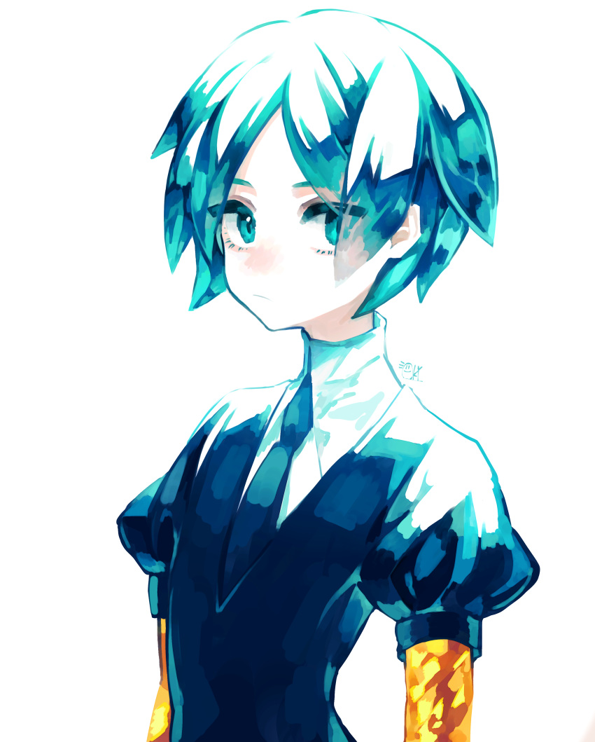 1other absurdres androgynous aqua_eyes aqua_hair bangs blue_hair colored_eyelashes crystal_hair eyes_visible_through_hair gem_uniform_(houseki_no_kuni) golden_arms green_eyes hanabata0320 highres houseki_no_kuni looking_at_viewer necktie phosphophyllite short_hair simple_background solo white_background