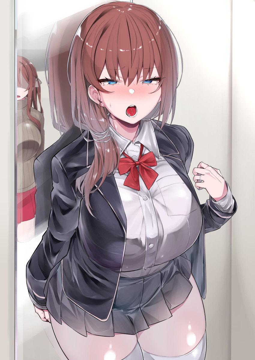 2girls absurdres bangs blazer blue_eyes blush bow bowtie breasts brown_hair buttons eyebrows_visible_through_hair faceless faceless_female hair_tie highres huge_breasts jacket looking_at_viewer miniskirt mirror mitsudoue multiple_girls open_blazer open_clothes open_jacket open_mouth original pleated_skirt red_neckwear reflection school_uniform shaded_face short_hair skirt thigh-highs white_legwear