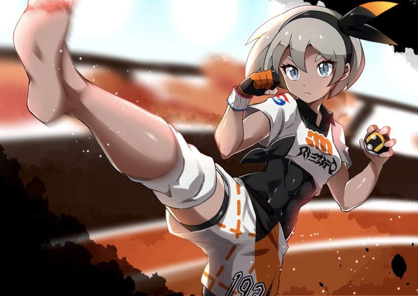 1girl bangs barefoot bea_(pokemon) black_bodysuit black_hairband bodysuit bodysuit_under_clothes bow_hairband closed_mouth collared_shirt commentary_request dynamax_band gloves grey_eyes grey_hair gym_leader hair_between_eyes hairband hands_up highres holding holding_poke_ball knee_pads leg_up miyama-san motion_blur number partly_fingerless_gloves poke_ball pokemon pokemon_(game) pokemon_swsh print_shirt print_shorts shirt short_hair short_sleeves shorts single_glove soles solo tied_shirt ultra_ball