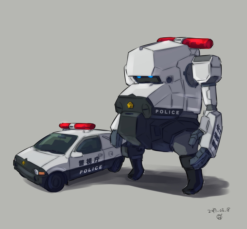 absurdres blue_eyes car dated grey_background ground_vehicle highres jgsdf_type_07_tank_natchin looking_ahead mecha moi_moi7 motor_vehicle no_humans open_hands original police standing van