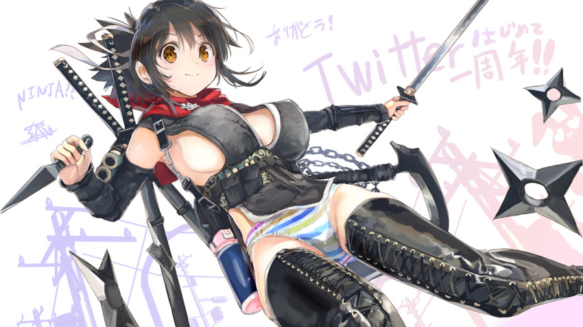 1girl asuka_(senran_kagura) black_hair boots breasts brown_eyes closed_mouth commentary_request hair_ribbon holding holding_sword holding_weapon katana kunai large_breasts looking_at_viewer panties ponytail red_scarf revealing_clothes ribbon scarf senran_kagura short_ponytail shuriken sideboob solo striped striped_panties sword thigh-highs thigh_boots underwear weapon white_ribbon yaegashi_nan