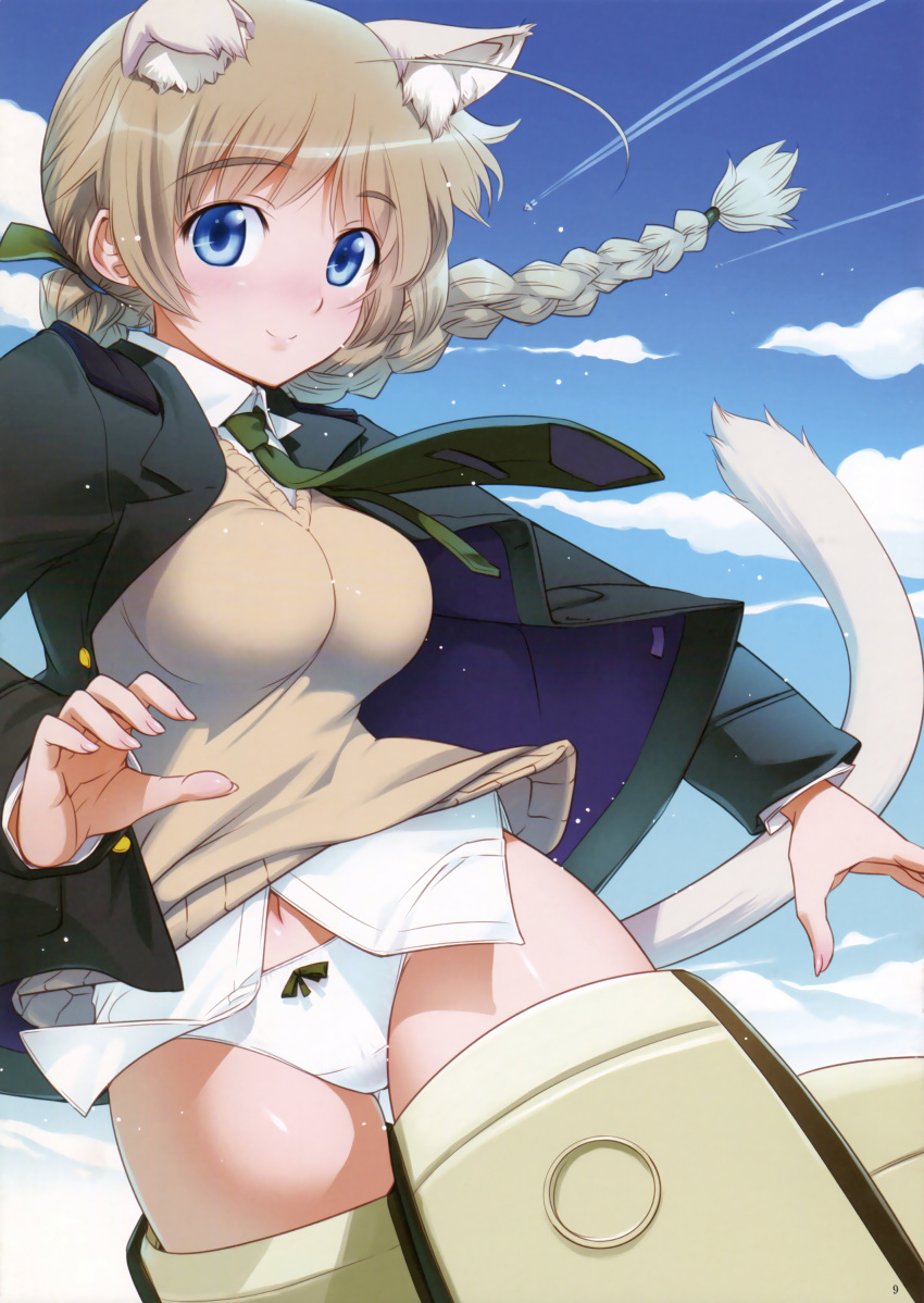 1girl absurdres ahoge animal_ears blue_eyes bow bow_panties braid breasts brown_hair cat_ears cat_tail clouds day highres impossible_clothes koume_keito large_breasts long_hair looking_at_viewer lynette_bishop navel necktie panties scan shiny shiny_hair single_braid sky solo strike_witches striker_unit sweater tail underwear vest white_panties world_witches_series