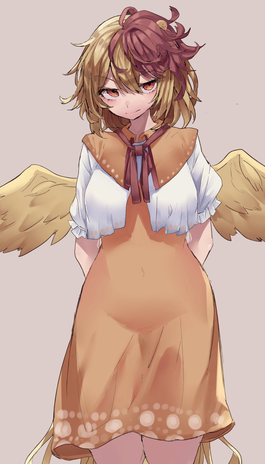 1girl absurdres animal animal_on_head arms_behind_back bangs bird bird_on_head bird_tail bird_wings blonde_hair breasts capelet chick commentary_request cowboy_shot dress eyebrows_visible_through_hair feathered_wings hair_between_eyes highres looking_at_viewer medium_breasts medium_hair multicolored_hair murayo navel niwatari_kutaka on_head orange_dress orange_eyes puffy_short_sleeves puffy_sleeves red_neckwear redhead short_sleeves simple_background skindentation solo tail_feathers touhou two-tone_hair wings yellow_wings