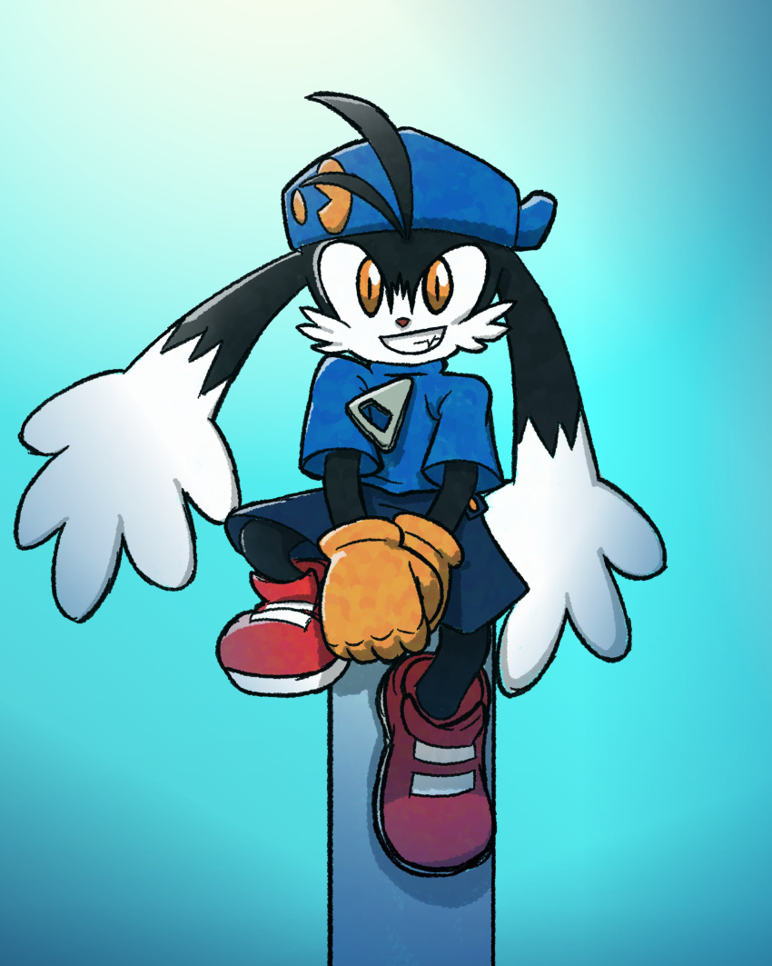 1boy absurdres black_fur blue_background blue_headwear blue_shirt fur gloves highres kaze_no_klonoa klonoa long_legs oneenviousgamer pac-man pants pink_nose red_footwear shirt smile solo teeth yellow_eyes yellow_gloves zipper