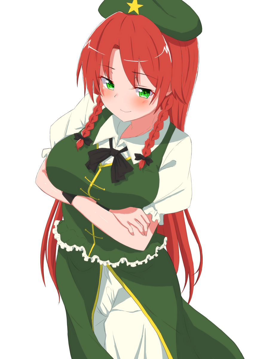 1girl absurdres arms_under_breasts bangs black_bow black_neckwear blush bow braid breasts chinese_clothes clip_studio_paint_(medium) cowboy_shot eyebrows_visible_through_hair frilled_sleeves frills green_eyes green_headwear half-closed_eyes hat highres hong_meiling large_breasts long_hair mukkushi parted_bangs perspective puffy_short_sleeves puffy_sleeves redhead short_sleeves simple_background smile standing star_(symbol) touhou twin_braids very_long_hair white_background