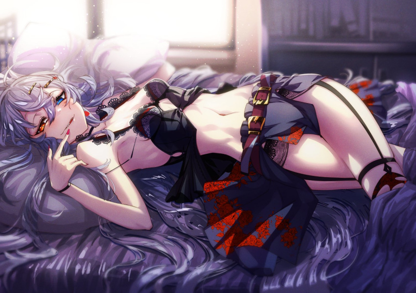 1girl ahoge armpits babydoll bangs bare_shoulders blue_eyes breasts choker cluseller earrings garter_straps hair_ornament hairclip heterochromia indie_virtual_youtuber jewelry lace_trim long_hair lying navel on_back on_bed open_mouth orange_eyes ribs sidelocks siragumo_raimu skinny skirt slit_pupils small_breasts solo stomach thigh_strap thighs
