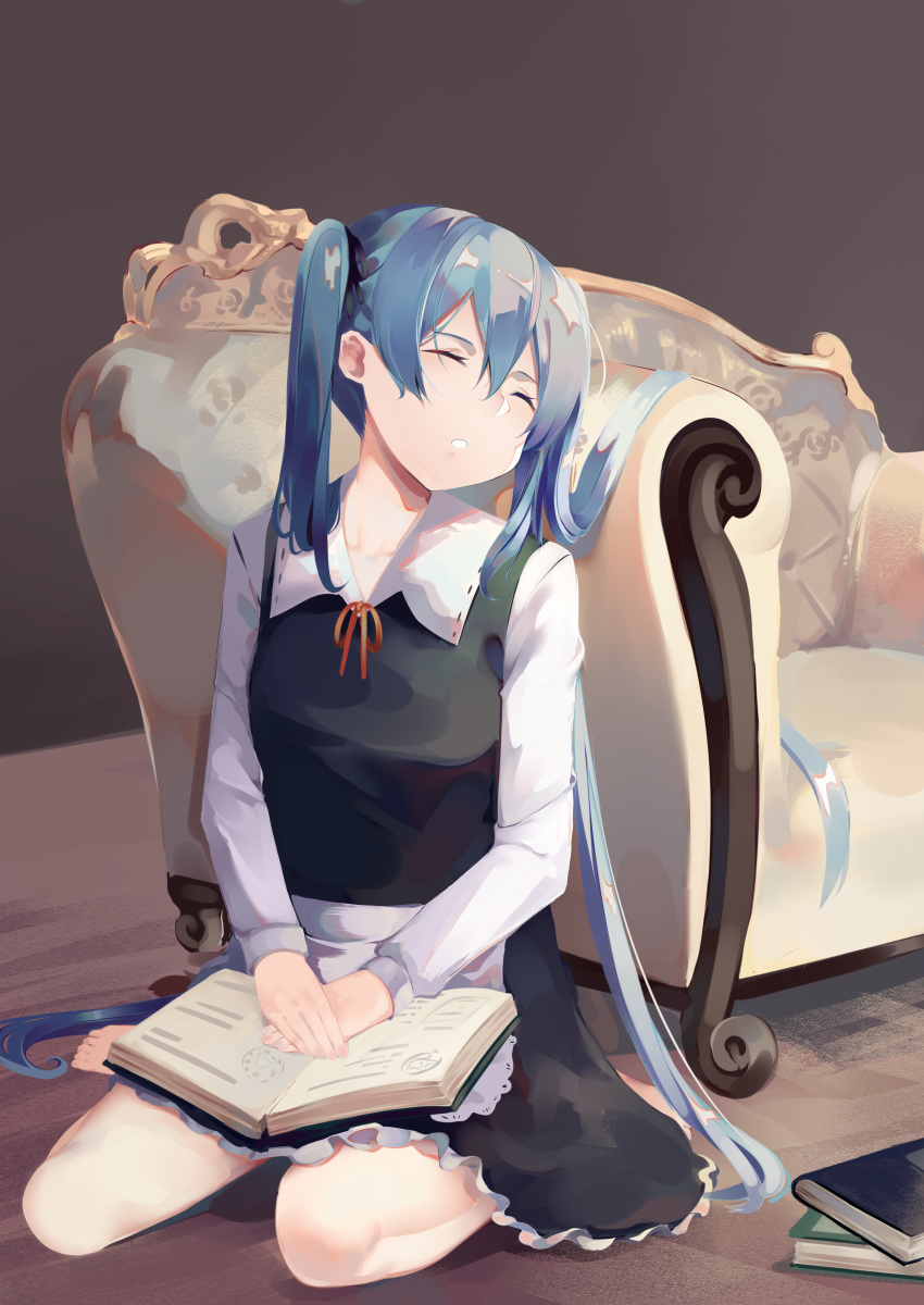 1girl :o absurdres apron aqua_hair barefoot black_dress book chair closed_eyes collared_shirt commentary_request dress frilled_apron frills hatsune_miku head_tilt highres holding holding_book long_hair long_sleeves neck_ribbon on_floor open_book red_ribbon ribbon shirt sitting sleeping sleeping_upright twintails very_long_hair vocaloid waist_apron wariza white_apron white_shirt zeppeki_shoujo