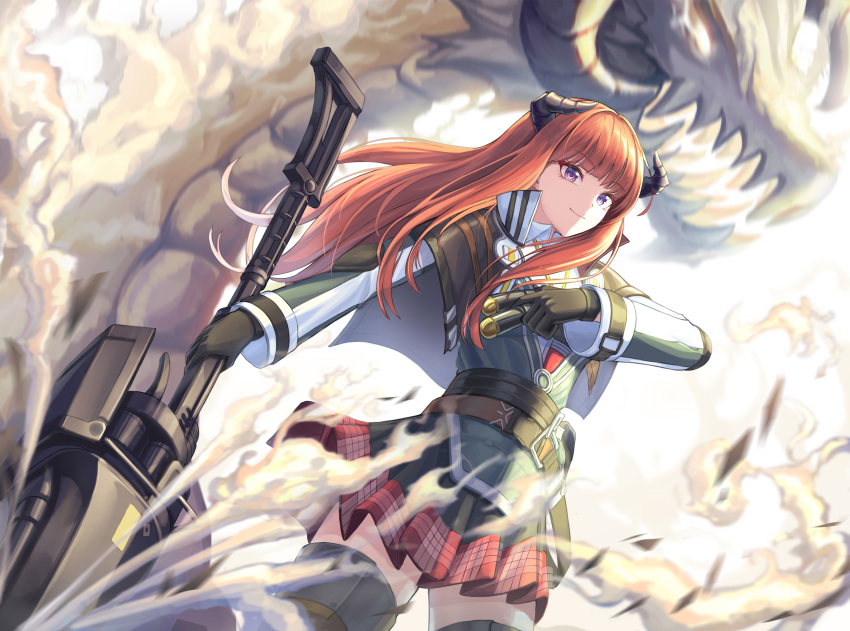 1girl absurdres arknights bagpipe_(arknights) belt black_gloves commentary cow-ring cowboy_shot gloves highres holding holding_lance holding_polearm holding_weapon horns jacket lance long_hair miniskirt orange_hair pleated_skirt polearm red_skirt skirt solo standing thigh-highs violet_eyes weapon white_background