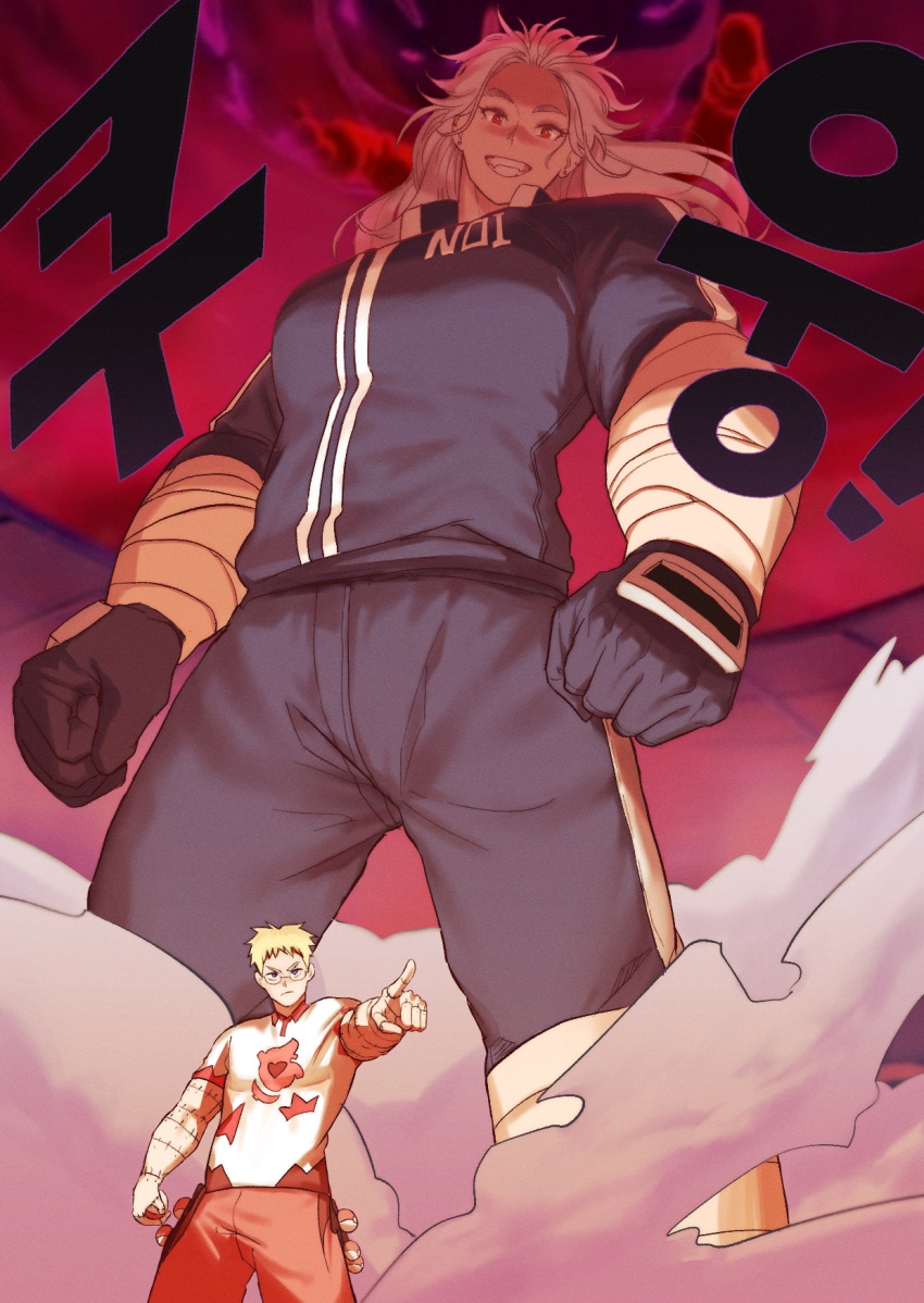 1boy 1girl airpro033 bandages blonde_hair blue_eyes breasts chest cosplay cosplay_request couple dorohedoro giantess glasses gloves hetero highres jacket korean_text long_hair muscle muscular_female noi_(dorohedoro) pants pointing pointing_at_viewer poke_ball pokemon red_eyes shin_(dorohedoro) short_hair stitches track_jacket track_pants white_hair