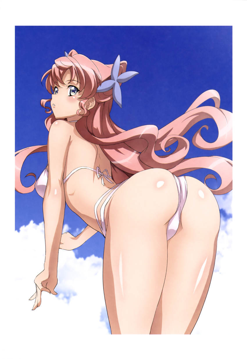 1girl absurdres arched_back ass bikini blue_eyes blue_sky blush breasts butterfly_hair_ornament day from_behind fujikawa_daichi hair_ornament highres large_breasts long_hair looking_at_viewer looking_back maria_cadenzavna_eve outdoors parted_lips pink_hair senki_zesshou_symphogear shiny shiny_hair shiny_skin sky solo standing swimsuit white_bikini
