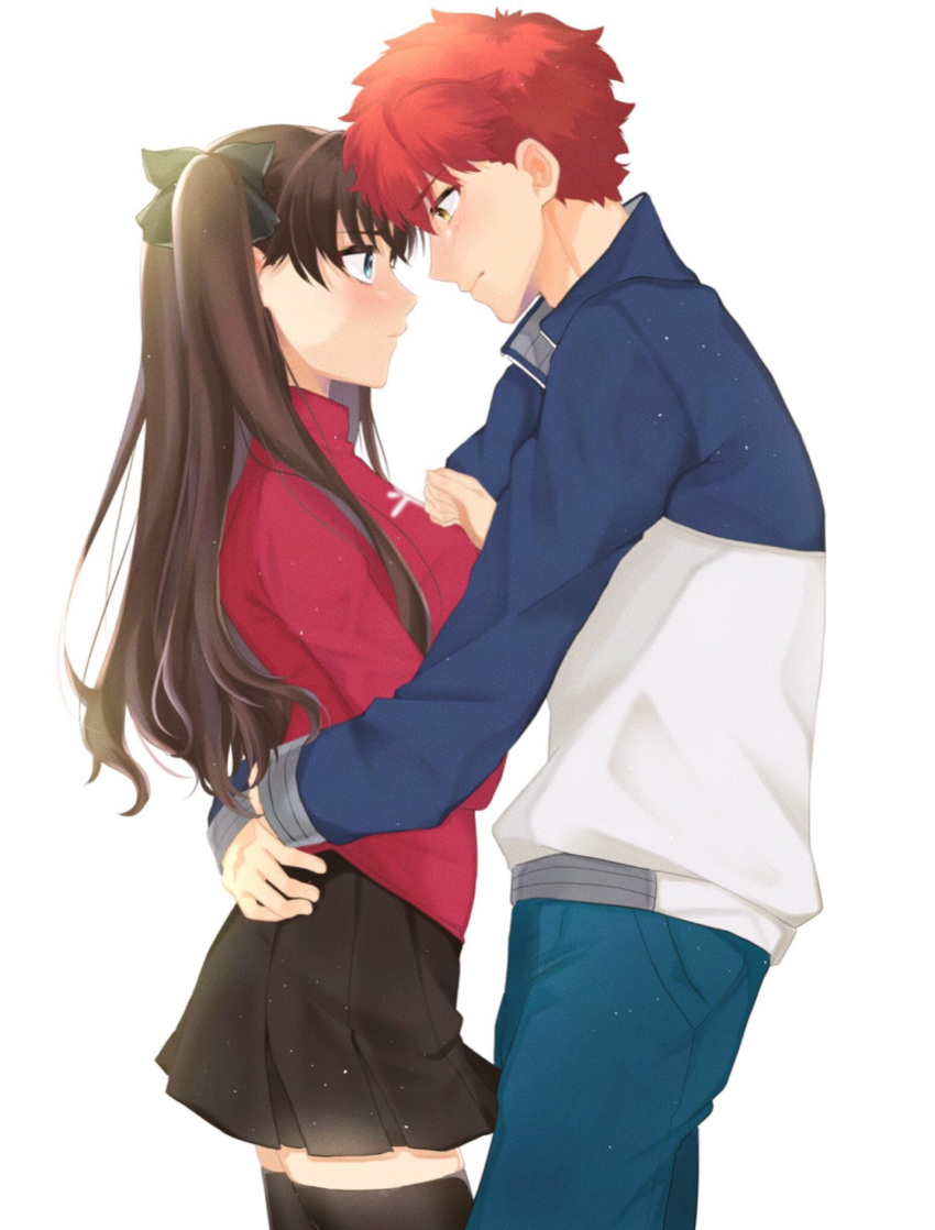 1boy 1girl black_hair blue_eyes blush embarrassed emiya_shirou fate/stay_night fate_(series) hetero highres hug miniskirt redhead skirt thigh-highs tohsaka_rin toutou_(fufu0o) twintails two_side_up yellow_eyes