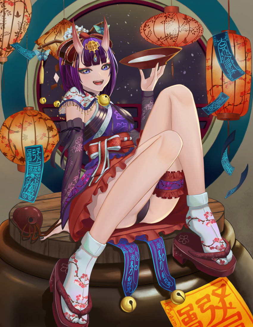 1girl absurdres alcohol bangom_r bangs bare_shoulders bell bob_cut bow breasts cup detached_sleeves eyeliner fate/grand_order fate_(series) hair_bow headpiece highres horns huge_filesize japanese_clothes jingle_bell kimono lantern leaning_back leg_garter looking_at_viewer makeup oni oni_horns open_mouth paper_lantern pot purple_hair purple_kimono sakazuki sake sandals sash short_hair shuten_douji_(fate/grand_order) skin-covered_horns sleeveless sleeveless_kimono small_breasts smile socks violet_eyes wide_sleeves window