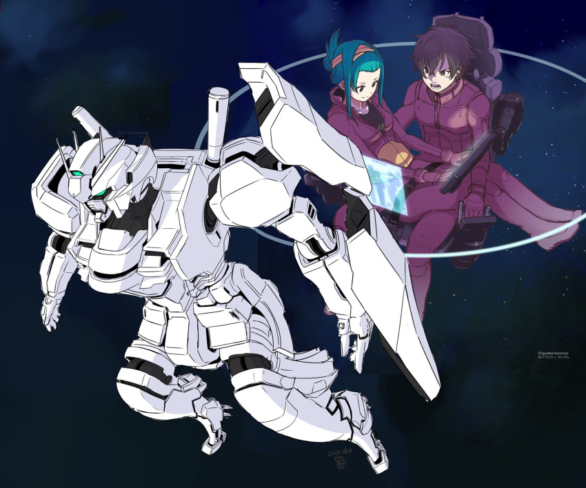 1boy 1girl blue_hair borrowed_character breasts brown_eyes brown_hair cockpit collaboration flying gundam hairband highres ichika_(quaternionxxx) looking_down mecha moi_moi7 open_hands original sitting sitting_on_lap sitting_on_person small_breasts space tied_hair v-fin yellow_hairband