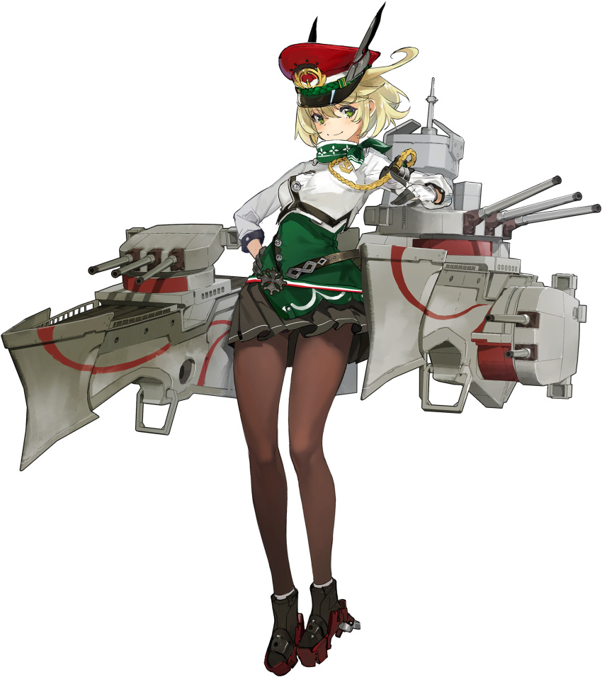 1girl aiguillette andrea_doria_(blue_oath) artist_request bangs black_legwear black_skirt blonde_hair blue_oath blush boots breasts buttons gloves green_eyes green_neckwear hand_on_hip hat highres long_sleeves medium_breasts military military_uniform multicolored multicolored_clothes multicolored_headwear official_art panties pantyhose peaked_cap pleated_skirt rigging short_hair skirt smile solo transparent_background underwear uniform