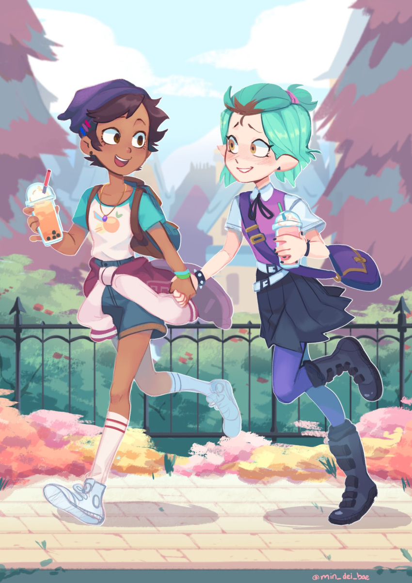 2girls absurdres alternate_costume amity_blight blue_sky blush brown_eyes brown_hair clouds cloudy_sky couple dip-dyed_hair drink eye_contact green_hair happy highres holding_hands looking_at_another luz_noceda medium_hair min_dei_bae multiple_girls pointy_ears shorts skirt sky smile smoothie socks the_owl_house tree yellow_eyes yuri
