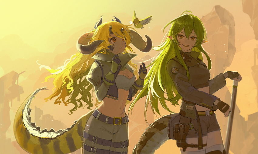 2girls absurdres antenna_hair arknights beak_hold belt bird black_gloves blonde_hair breasts commentary_request cowboy_shot crocodilian_tail cropped_jacket day dragon_horns dragon_tail estelle_(arknights) facial_mark gavial_(arknights) giving gloves green_hair hair_between_eyes hair_over_one_eye hand_on_hilt highres horns huge_filesize jacket jfjf juliet_sleeves large_breasts long_hair long_sleeves looking_at_another looking_away looking_to_the_side looking_up midriff multicolored_hair multiple_girls navel open_clothes open_jacket outdoors pants parted_lips pointy_ears ponytail pouch puffy_sleeves red_eyes ruins scar smile surprised tail thigh-highs thigh_strap two-tone_hair wavy_hair white_legwear