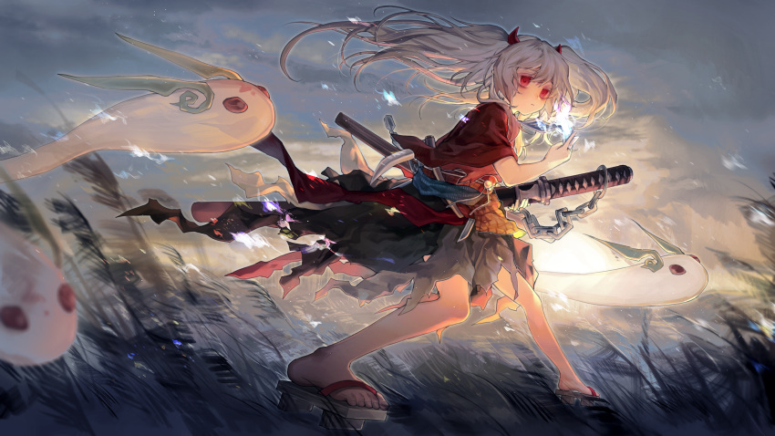 1girl bags_under_eyes beads between_fingers burning clouds duel_monster field fighting_stance floating_hair from_side full_body geta ghost ghost_ogre_&amp;_snow_rabbit highres holding horns japanese_clothes katana legs_apart light_particles long_hair looking_away nature no.18 obi red_eyes sash short_sleeves short_sword silver_hair sky standing sword twintails weapon white_hair wide_sleeves wind yuu-gi-ou