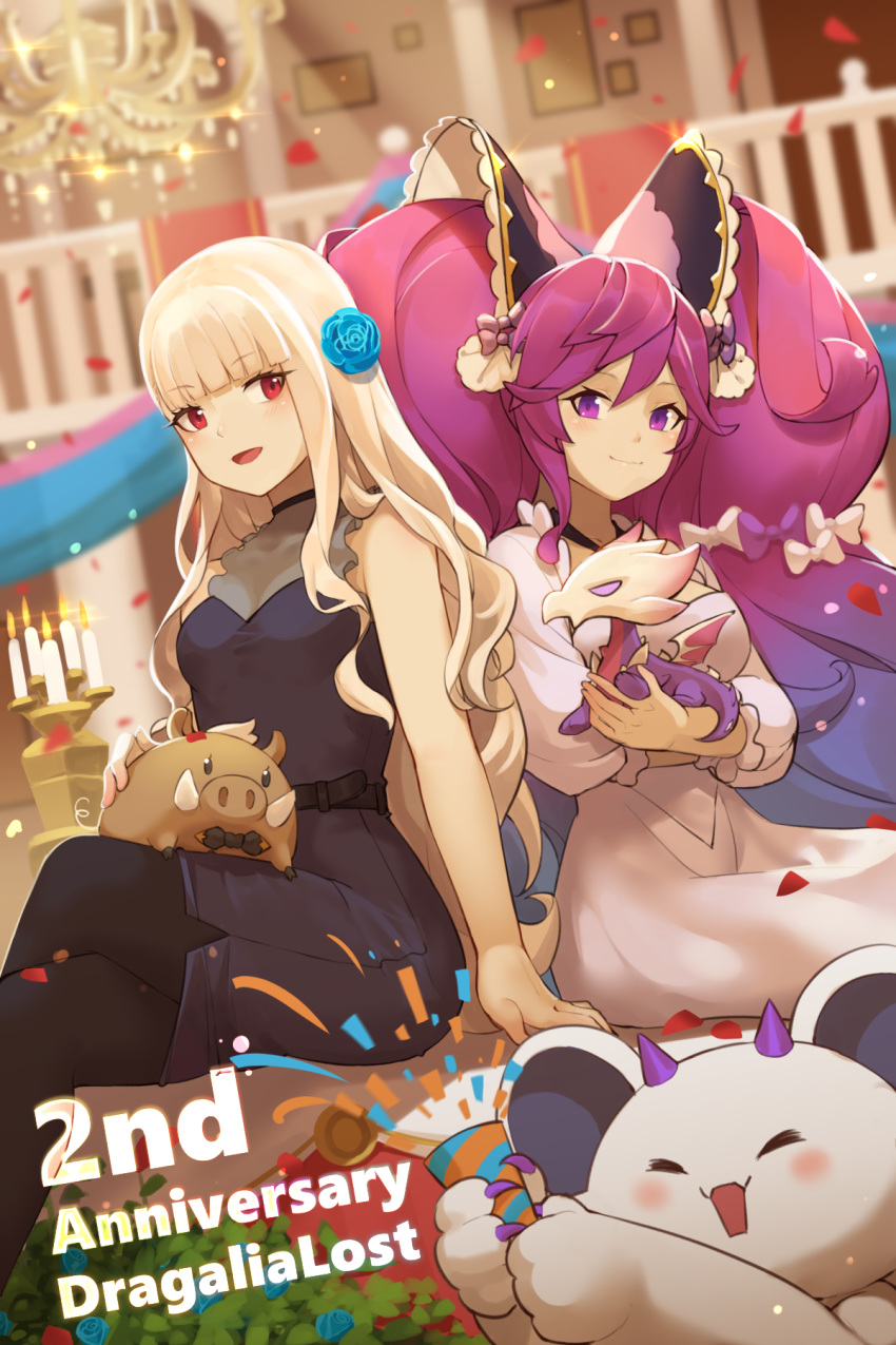 2girls :d animal anniversary bangs bare_arms bare_shoulders black_dress black_legwear blonde_hair blunt_bangs blurry blurry_background boar candle chandelier cleo_(dragalia_lost) closed_mouth commentary copyright_name crossed_legs depth_of_field dragalia_lost dress english_commentary eyebrows_visible_through_hair fire gradient_hair hair_between_eyes hentaki highres indoors long_hair long_sleeves multicolored_hair multiple_girls open_mouth pantyhose petals puffy_long_sleeves puffy_sleeves purple_hair railing red_eyes sazanka_(dragalia_lost) sitting sleeveless sleeveless_dress smile twintails very_long_hair violet_eyes white_dress