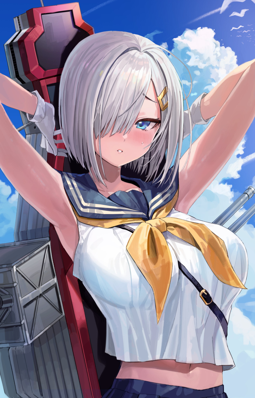 1girl absurdres armpits arms_up bare_arms bare_shoulders blue_eyes blue_sky blush breasts clouds crop_top crop_top_overhang day freng gloves hair_over_one_eye hamakaze_(kantai_collection) highres kantai_collection large_breasts looking_at_viewer midriff navel neckerchief outdoors parted_lips rigging sailor_collar school_uniform serafuku shirt short_hair silver_hair sky sleeveless sleeveless_shirt solo sunlight upper_body white_gloves white_shirt