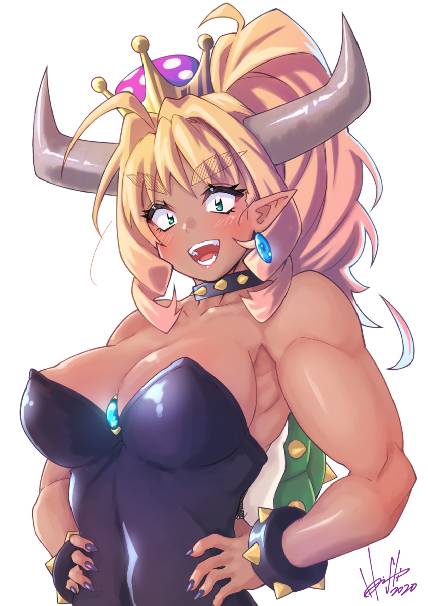 1girl ahoge bare_arms bare_shoulders black_collar black_leotard blonde_hair bowsette bowsette_(cosplay) bracelet breasts brooch collar collarbone cosplay crown drill_hair drill_locks earrings eyebrows_visible_through_hair fangs fingernails green_eyes hands_on_hips high_ponytail highres hori_shin horns jewelry large_breasts leotard looking_at_viewer super_mario_bros. michelle_(hori_shin) multicolored_hair nail_polish new_super_mario_bros._u_deluxe open_mouth original pink_hair pointy_ears purple_nails sharp_fingernails shiny shiny_clothes signature simple_background smile solo spiked_bracelet spiked_collar spiked_shell spikes strapless strapless_leotard super_crown tan thick_eyebrows toned turtle_shell upper_body white_background