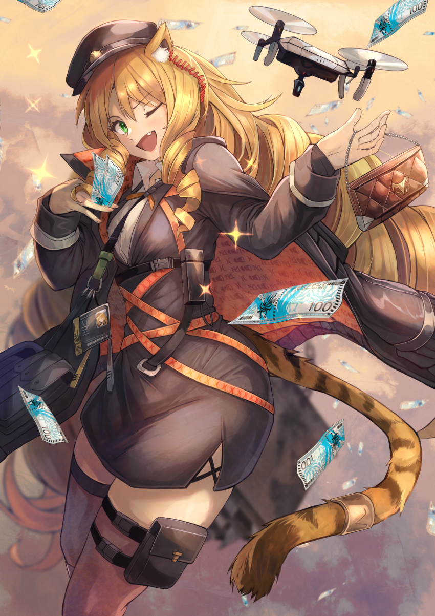 1girl ;d animal_ear_fluff animal_ears arknights bangs black_dress black_headwear blonde_hair commentary cowboy_shot dress drone eyebrows_visible_through_hair fang green_eyes hair_between_eyes highres long_hair long_sleeves looking_at_viewer lungmen_dollar money ohako_(ohako1818) one_eye_closed open_mouth pencil_dress pouch smile solo sparkle swire_(arknights) tail tail_ring thigh-highs thigh_strap tiger_ears tiger_tail very_long_hair zettai_ryouiki