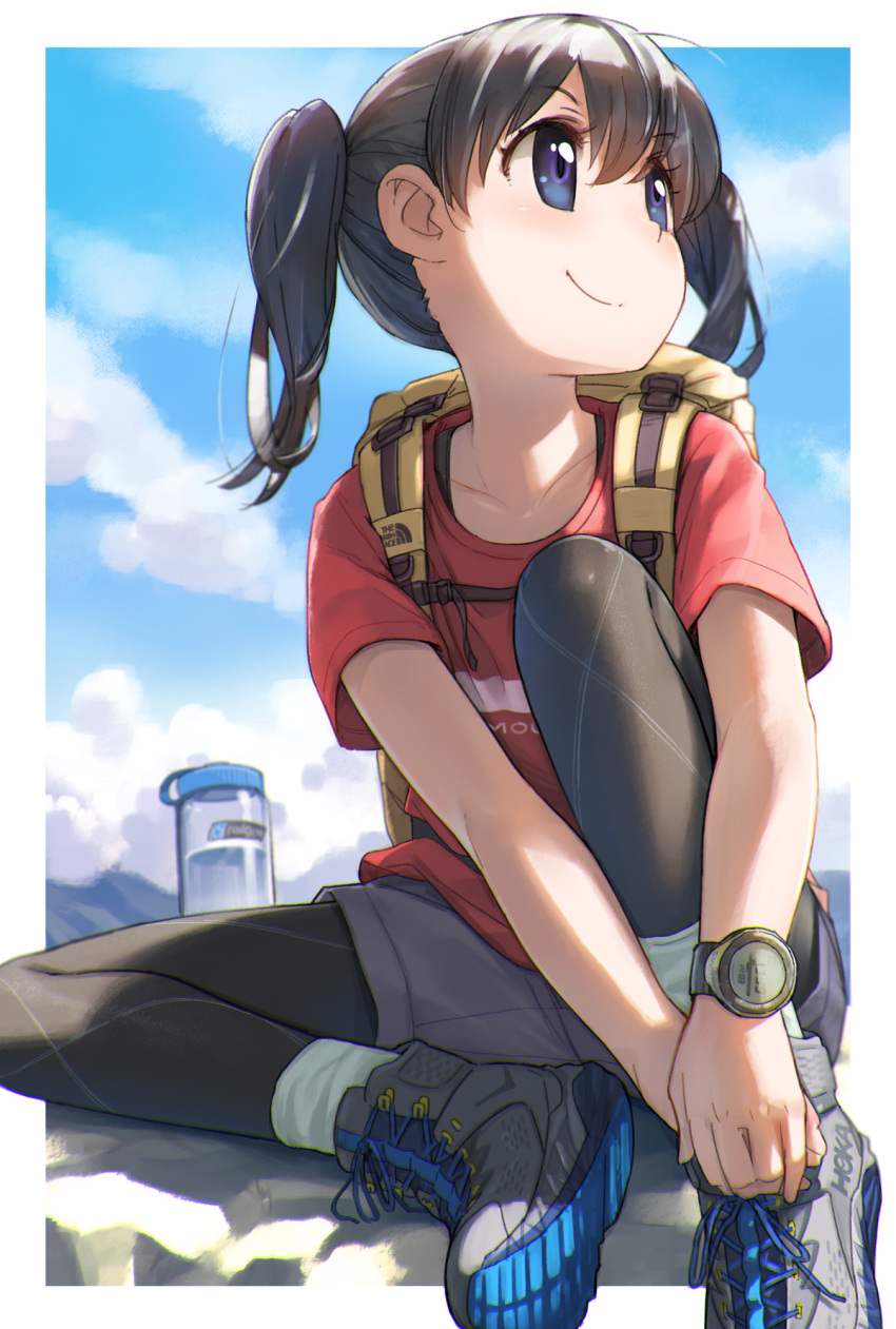 1girl back_hair backpack bag blue_eyes highres hiking kuraue_hinata minawa outdoors pantyhose shirt shoes short_shorts shorts sitting sky smile socks solo t-shirt twintails watch watch yama_no_susume