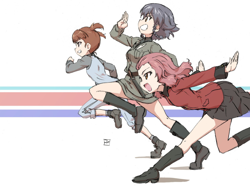 3girls :d ankle_boots anzio_military_uniform artist_name bangs belt black_belt black_footwear black_hair black_shirt black_skirt blue_footwear blue_jacket blue_pants blue_skirt blunt_bangs boots braid brown_eyes commentary dress_shirt erakin from_side girls_und_panzer grey_jacket grey_legwear grey_skirt grin hair_tie highres jacket keizoku_military_uniform knife leaning_forward long_sleeves medium_hair mikko_(girls_und_panzer) military military_uniform miniskirt multiple_girls open_mouth outstretched_arms pants pants_rolled_up pants_under_skirt pepperoni_(girls_und_panzer) pleated_skirt raglan_sleeves red_eyes red_jacket redhead rosehip_(girls_und_panzer) running shirt short_hair short_twintails side_braid signature skirt smile socks spread_arms st._gloriana's_military_uniform standing track_jacket track_pants twintails uniform white_background