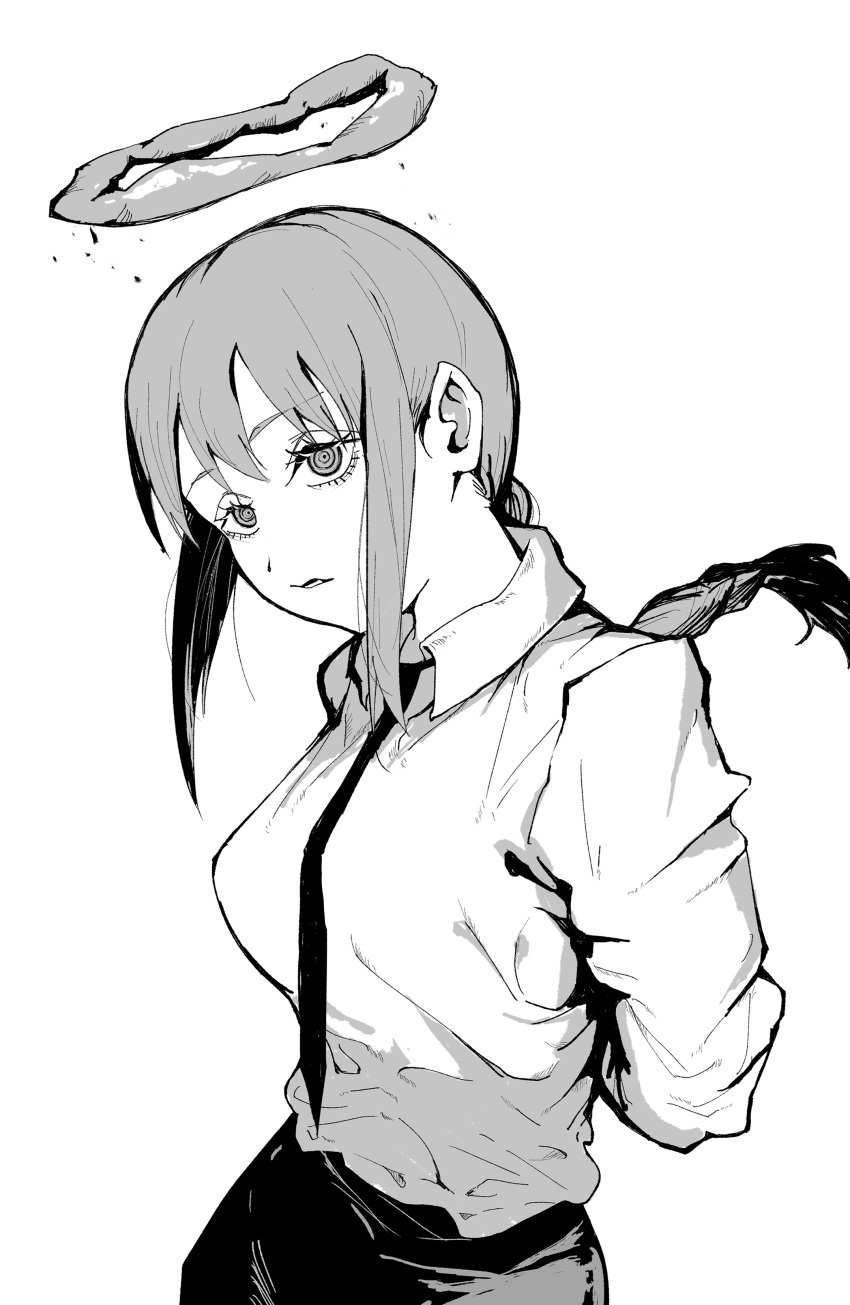 1girl absurdres arms_behind_back bangs black_neckwear black_pants braid braided_ponytail breasts business_suit chainsaw_man collared_shirt formal greyscale halo highres long_sleeves looking_at_viewer makima_(chainsaw_man) medium_breasts medium_hair monochrome necktie neckwear pants ringed_eyes shirt shirt_tucked_in simple_background solo suit upper_body white_background white_shirt yangchinwen