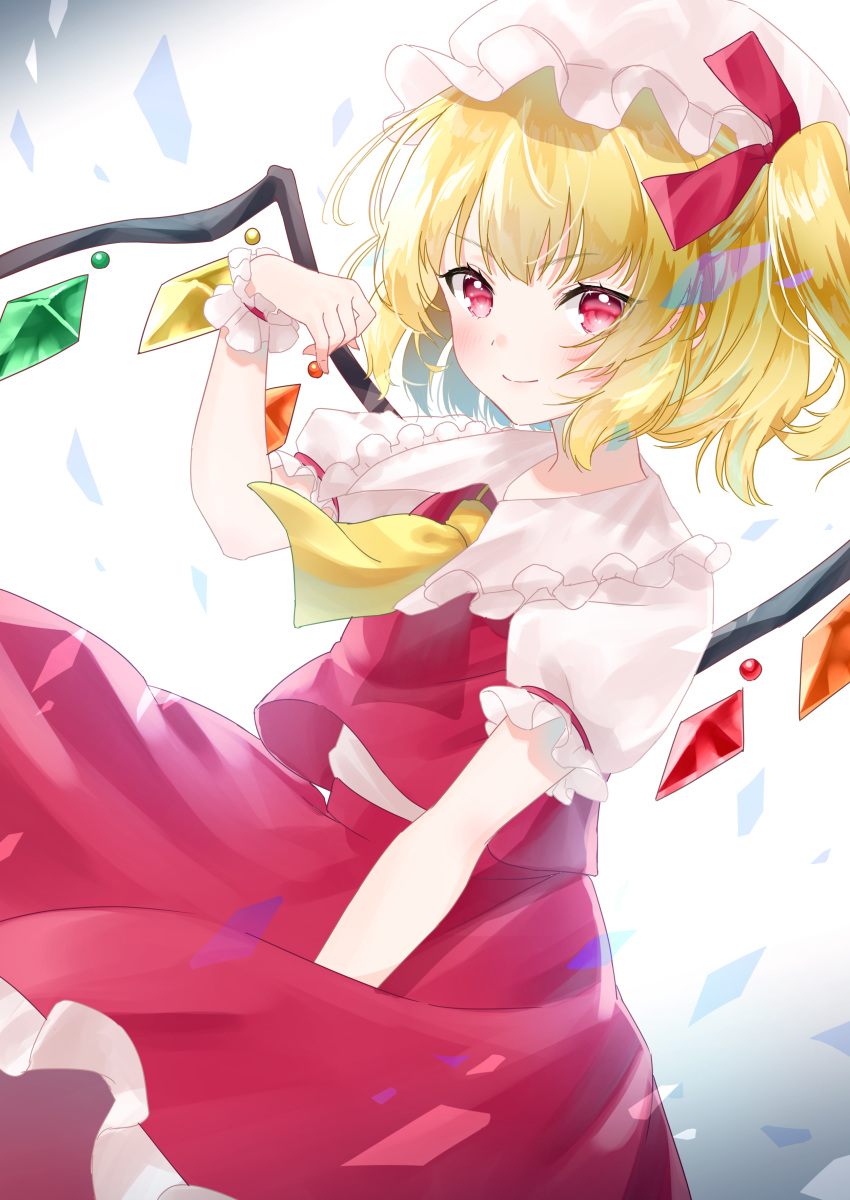 &gt;:) 1girl absurdres ascot bangs blonde_hair blush closed_mouth collared_shirt commentary_request crystal eyebrows_visible_through_hair flandre_scarlet frilled_shirt_collar frilled_skirt frills hand_up hat highres luna_(mi-chanman) mob_cap one_side_up puffy_short_sleeves puffy_sleeves red_eyes red_skirt red_vest shirt short_sleeves skirt smile solo touhou v-shaped_eyebrows vest white_headwear white_shirt wings wrist_cuffs yellow_neckwear