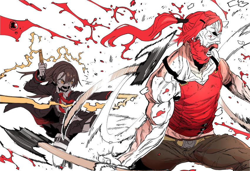 1boy 1girl axe beard belt black_coat blood brown_hair character_request coat collared_shirt facial_hair girls_frontline god_of_war highres holding holding_weapon kratos muscle necktie open_clothes open_coat open_mouth pants pleated_skirt red_neckwear red_shirt redhead shirt skirt ssambatea twintails weapon white_shirt yellow_eyes