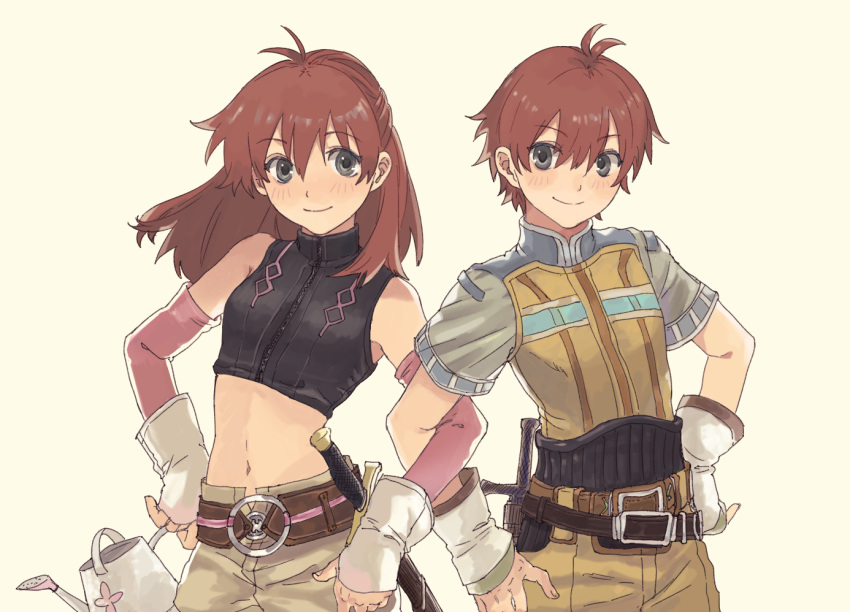 1boy 1girl aaron_(rune_factory) abuku antenna_hair aria_(rune_factory_2) arm_guards bare_shoulders beige_background belt belt_pouch blush breasts brown_eyes cowboy_shot detached_sleeves grey_eyes half_updo hand_on_hip locked_arms long_hair looking_at_viewer midriff o-ring older pouch rune_factory rune_factory_2 short_sleeves shorts simple_background small_breasts smile watering_can