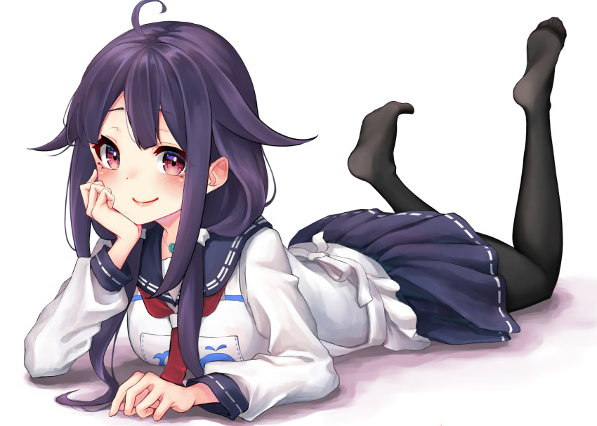 1girl ahoge animal_print apron black_legwear blue_skirt feet_up fish_print hair_flaps hand_on_own_cheek head_rest kamidanomi kantai_collection legs_up long_sleeves low_twintails lying magatama miniskirt no_shoes on_stomach pantyhose pleated_skirt purple_hair red_eyes school_uniform serafuku shirt skirt solo taigei_(kantai_collection) the_pose twintails whale whale_print white_apron white_shirt