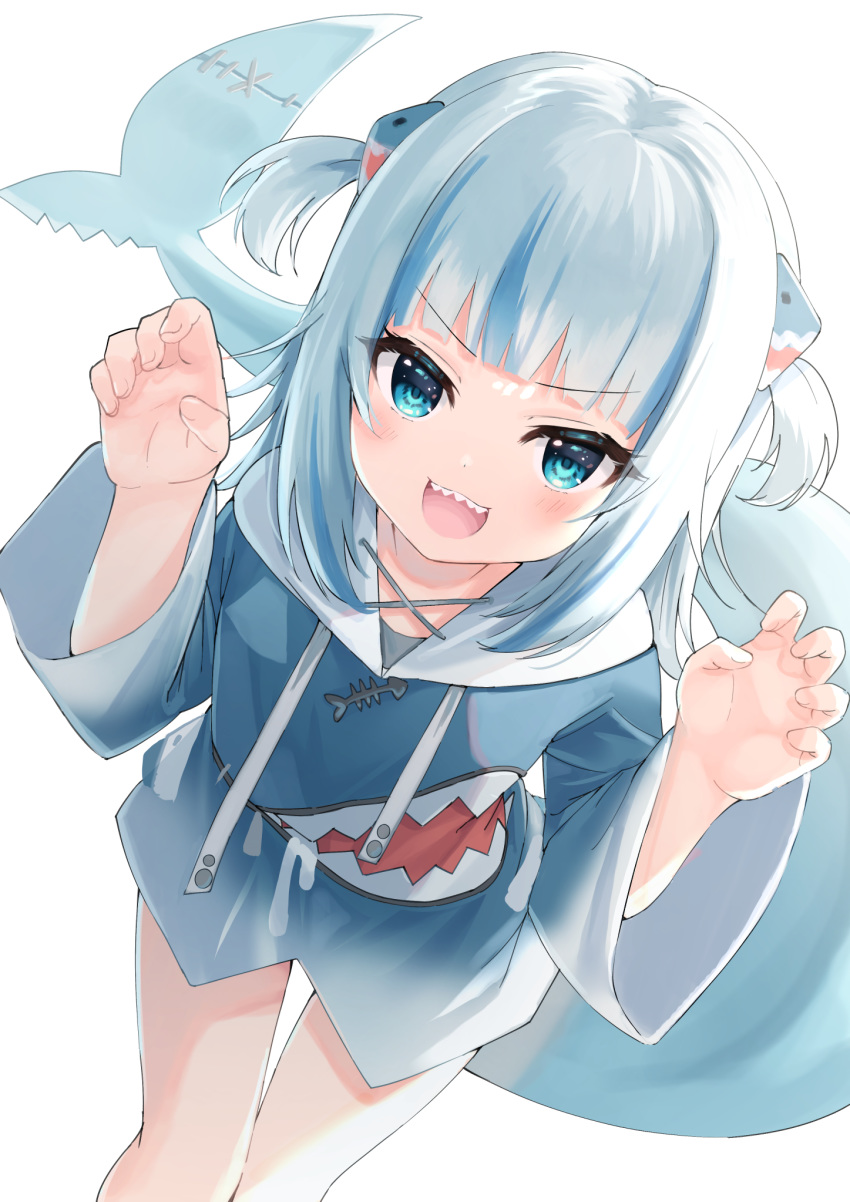 1girl :d bangs blue_eyes blue_hair blue_hoodie claw_pose commentary_request drawstring eyebrows_visible_through_hair gawr_gura hair_ornament hands_up highres hololive hololive_english hood hood_down hoodie leaning_forward looking_at_viewer multicolored_hair open_mouth shark_tail sharp_teeth silver_hair simple_background smile solo standing streaked_hair tail teeth tsukiman two_side_up v-shaped_eyebrows virtual_youtuber white_background