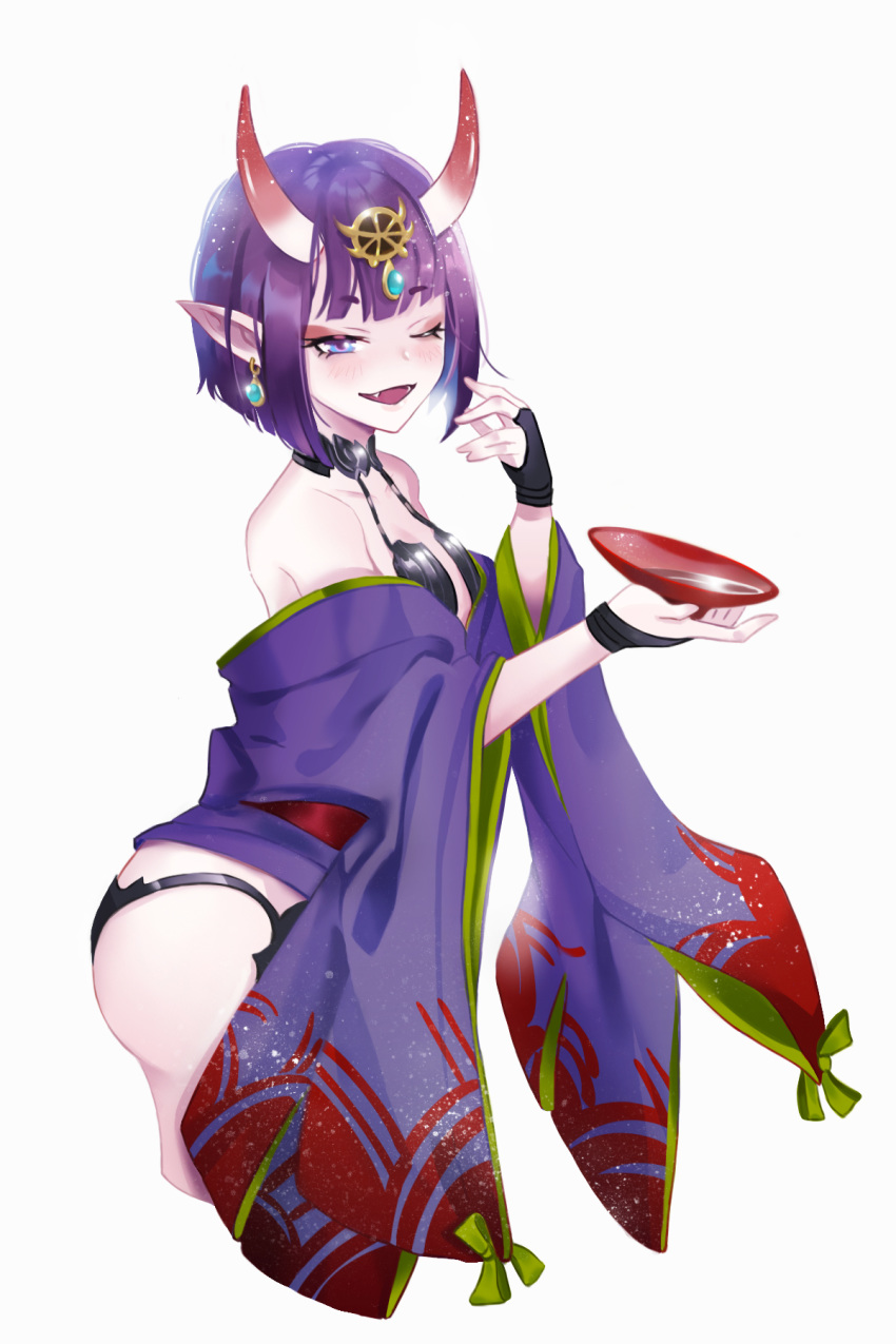 1girl alcohol bangs bare_shoulders blush bob_cut breasts bridal_gauntlets collarbone cup earrings eyeliner fang fate/grand_order fate_(series) headpiece highres horns japanese_clothes jewelry kimono long_sleeves looking_at_viewer makeup off_shoulder one_eye_closed oni oni_horns open_mouth pointy_ears purple_hair purple_kimono raicyou7 revealing_clothes sakazuki sake sash short_hair short_kimono shuten_douji_(fate/grand_order) simple_background skin-covered_horns small_breasts smile violet_eyes white_background wide_sleeves