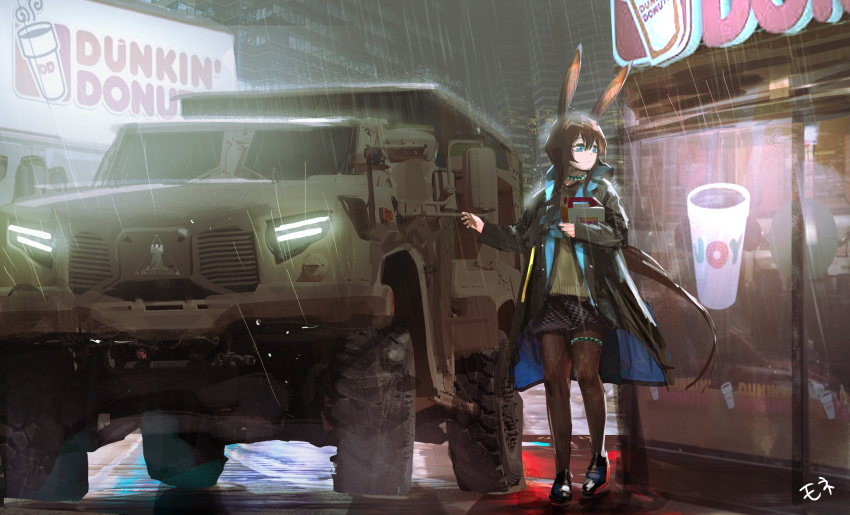 1girl absurdres ad amiya_(arknights) animal_ears arknights bangs black_jacket blue_eyes brown_hair building car city cityscape commentary_request expressionless full_body ground_vehicle hair_between_eyes highres holding jacket long_hair long_sleeves mo_ne motor_vehicle open_clothes open_jacket outdoors pantyhose ponytail rabbit_ears shirt sidelocks skirt solo