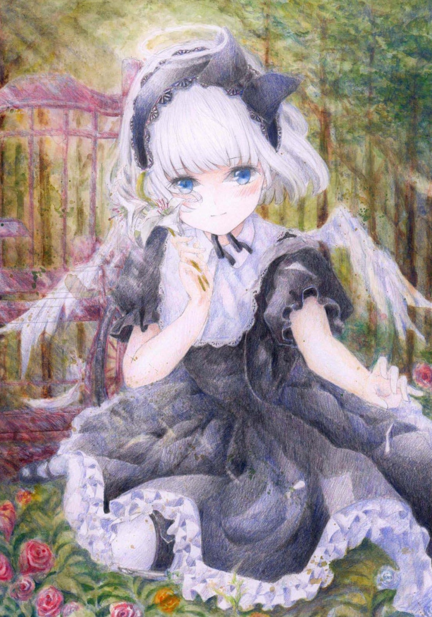 bib black_dress blue_eyes bob_cut bow colored_pencil_(medium) darkkanan dress eyes_visible_through_hair flower frilled_dress frills gothic_lolita graphite_(medium) hair_bow hairband halo highres kneeling leg_brace lily_(flower) lolita_fashion lolita_hairband original outdoors pantyhose pinafore_dress short_hair traditional_media watercolor_(medium) wheelchair white_hair white_legwear wings