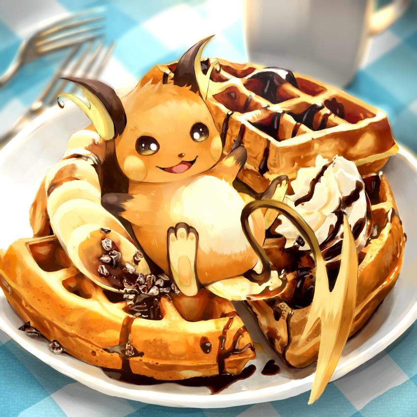 absurdres blurry blurry_background chocolate commentary cup fluffybiscotti food fork gen_1_pokemon highres lying mug no_humans on_back open_mouth outstretched_arms paws plate pokemon raichu smile tablecloth tail tongue waffle whipped_cream