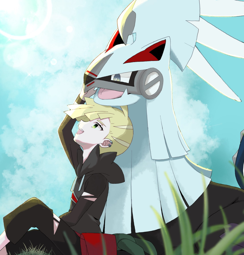 1boy bangs black_pants blonde_hair commentary_request day ear_piercing ebmquarwi gen_7_pokemon gladion_(pokemon) grass green_eyes highres legendary_pokemon long_sleeves looking_up open_mouth outdoors pants piercing pokemon pokemon_(creature) pokemon_(game) pokemon_sm silvally sitting teeth torn_clothes torn_pants