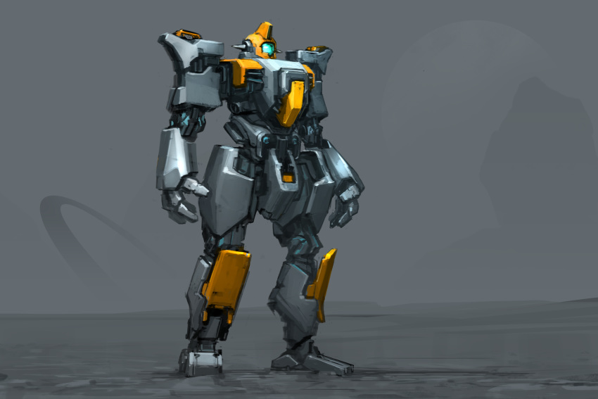 full_body grey_background highres ksenolog looking_ahead mecha no_humans open_hands original solo standing visor wasteland