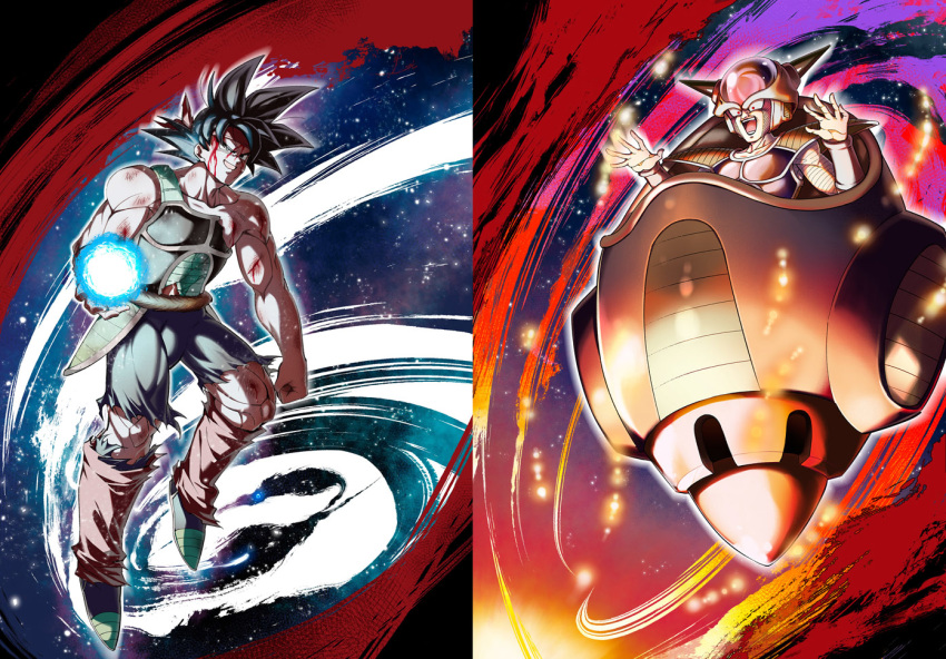 2boys armor bardock black_eyes black_hair blood blood_on_face bruise dragon_ball dragon_ball_z energy_ball floating frieza full_body headband horns injury laughing male_focus mattari_illust multiple_boys muscle open_mouth red_eyes smile torn_clothes