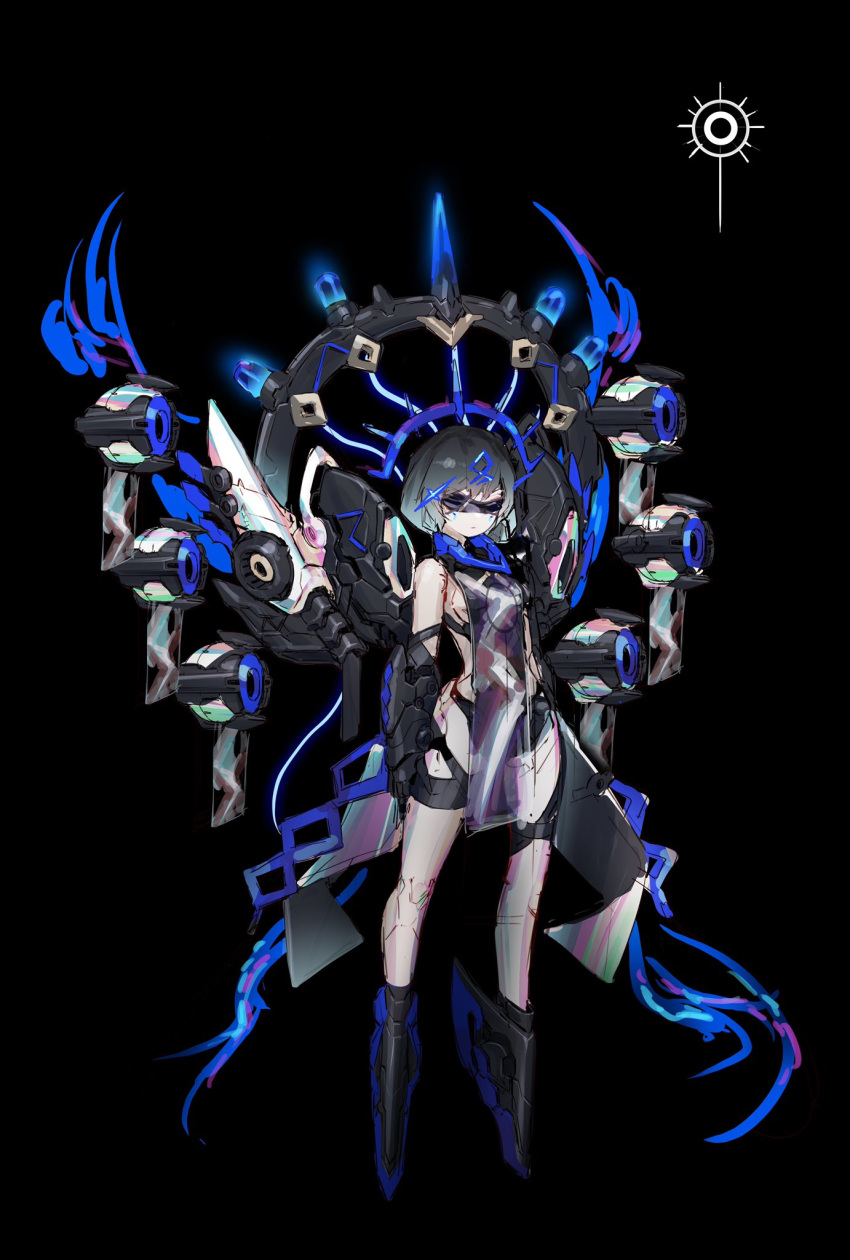 1girl arms_at_sides black_background black_hair blindfold blue_hair breasts donxxxs emblem expressionless full_body gradient_hair headgear highres looking_at_viewer mecha_musume multicolored_hair original short_hair sideboob solo tabard two-tone_hair