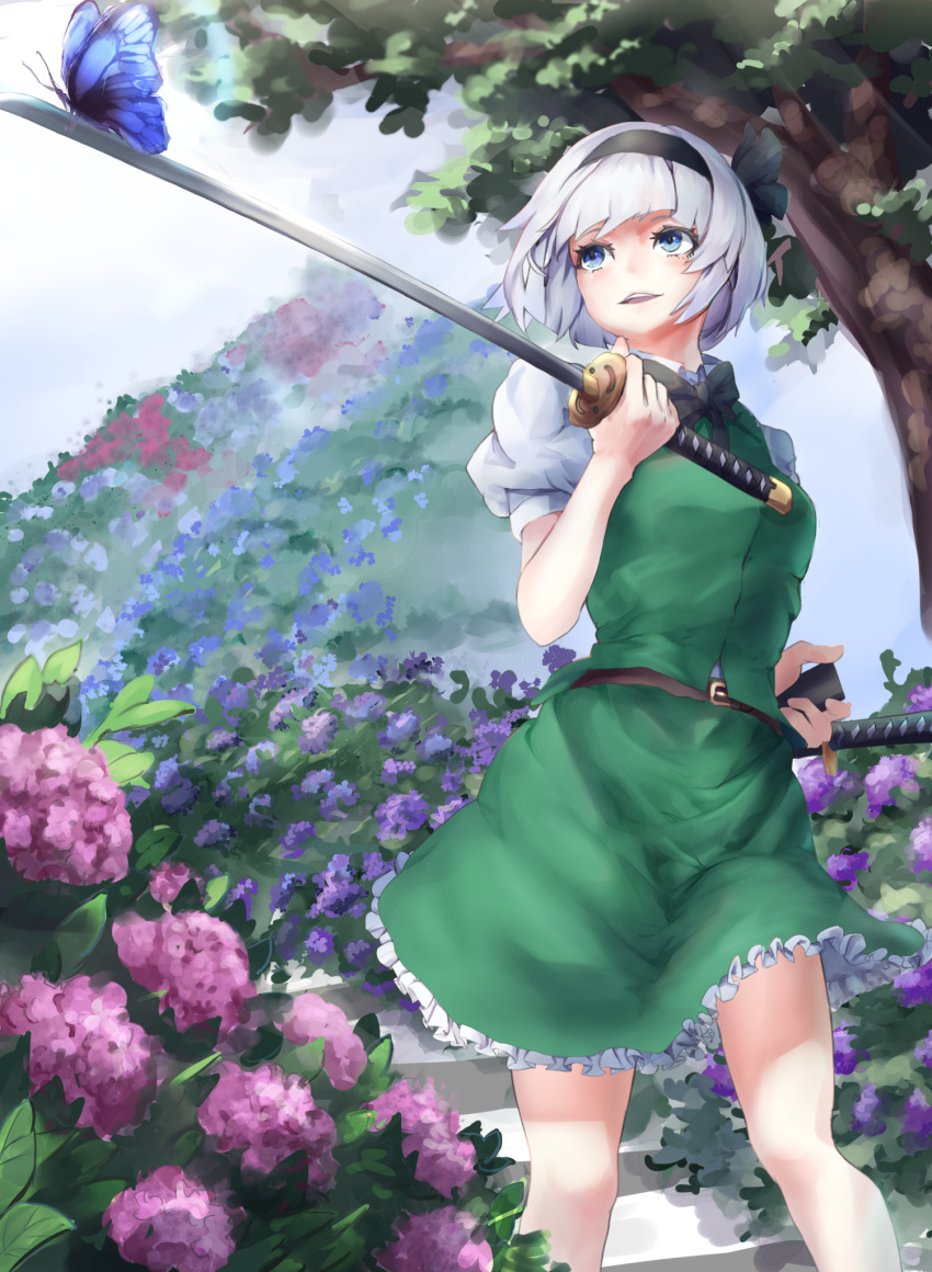 1girl asllapistone bangs black_neckwear blue_eyes blunt_bangs bow bowtie bug butterfly commentary day feet_out_of_frame flower green_skirt green_vest hair_ribbon highres hydrangea insect konpaku_youmu looking_to_the_side outdoors parted_lips petticoat puffy_short_sleeves puffy_sleeves ribbon shirt short_hair short_sleeves silver_hair skirt solo standing sword touhou tree unsheathed upper_teeth vest weapon white_shirt