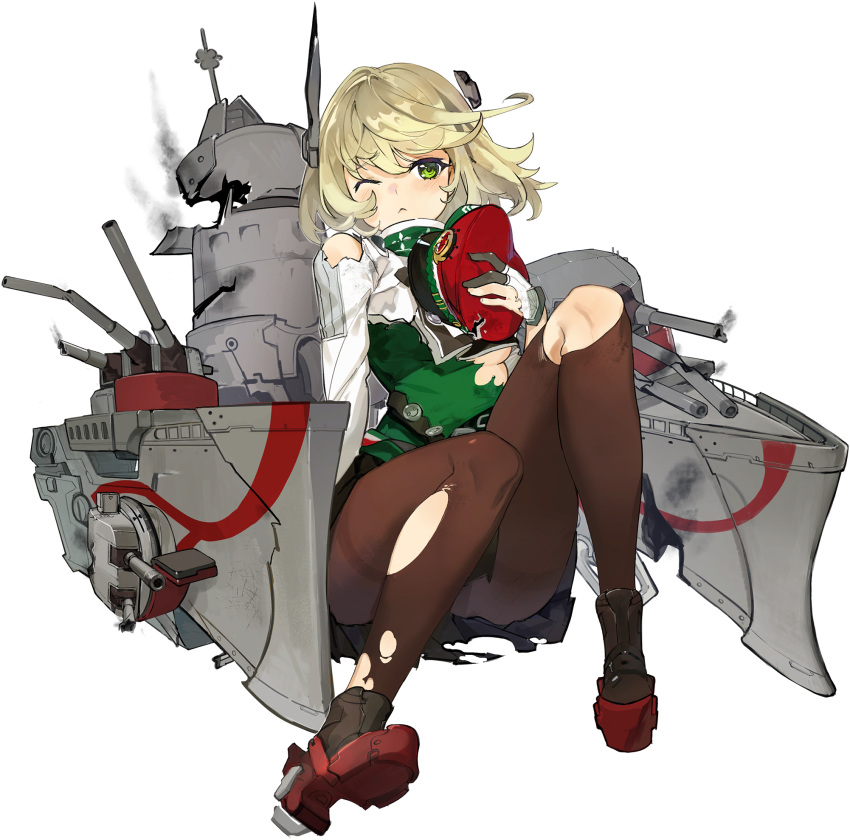 1girl :&lt; andrea_doria_(blue_oath) artist_request bangs black_skirt blonde_hair blue_oath blush boots breasts closed_mouth gloves green_eyes hat highres holding holding_clothes holding_hat long_sleeves medium_breasts military military_uniform official_art one_eye_closed pantyhose pleated_skirt rigging short_hair sitting skirt smoke solo torn_clothes torn_legwear transparent_background under_boob uniform