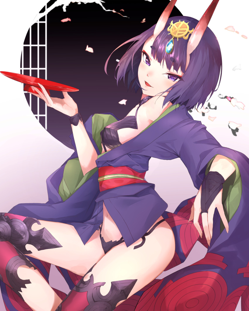 1girl ankoro_mochi bangs bare_shoulders blush bob_cut breasts bridal_gauntlets cup eyeliner fate/grand_order fate_(series) headpiece highres horns japanese_clothes kimono long_sleeves looking_at_viewer makeup navel obi off_shoulder oni oni_horns open_mouth parted_lips petals purple_hair purple_kimono revealing_clothes sakazuki sash short_hair short_kimono shuten_douji_(fate/grand_order) skin-covered_horns small_breasts smile thighs violet_eyes wide_sleeves