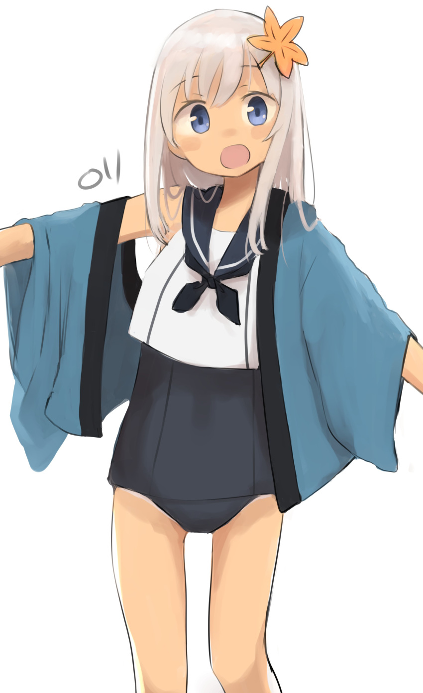 1girl absurdres black_sailor_collar black_swimsuit blonde_hair blue_eyes eyebrows_visible_through_hair feet_out_of_frame hair_between_eyes happi highres japanese_clothes kantai_collection long_hair ma_rukan open_mouth ro-500_(kantai_collection) sailor_collar sailor_shirt school_swimsuit shirt signature simple_background sleeveless sleeveless_shirt smile solo swimsuit swimsuit_under_clothes white_background white_shirt