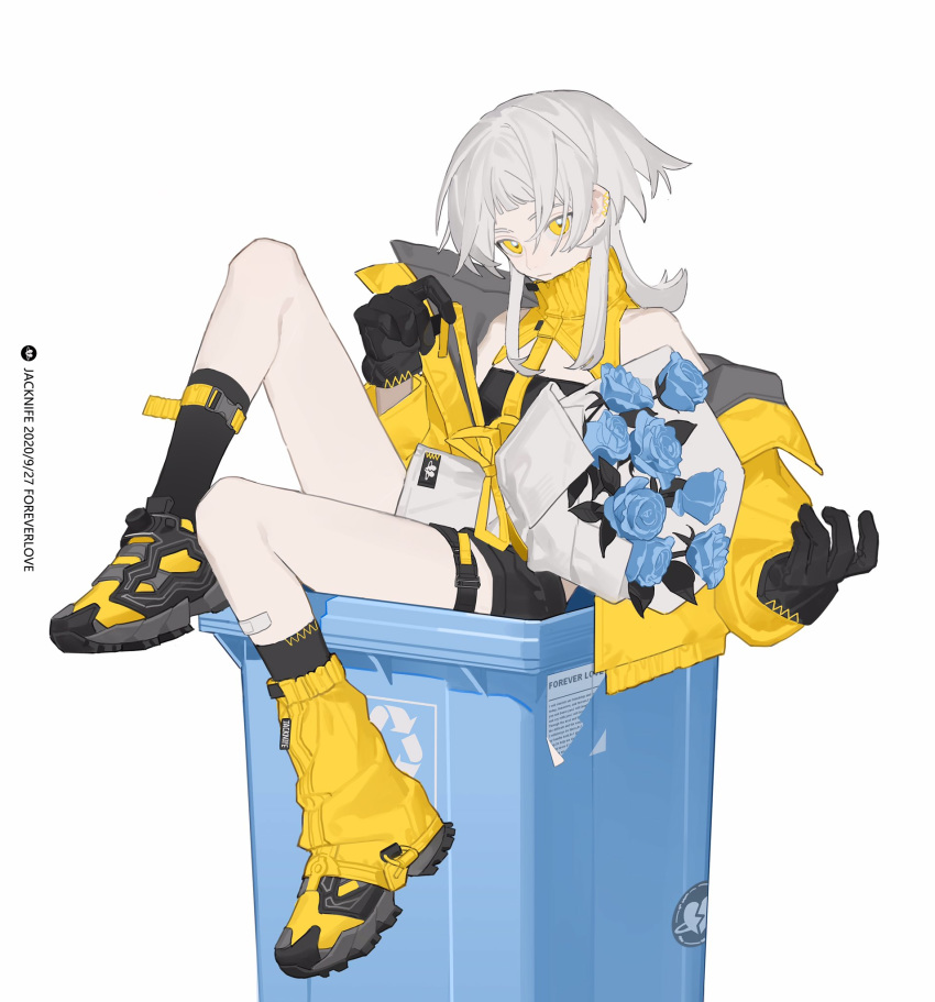 1girl black_gloves black_shorts bouquet flower gloves highres jacket jacknife letter mismatched_footwear original recycle_bin sad shorts silver_hair thigh_strap white_background yellow_eyes yellow_jacket