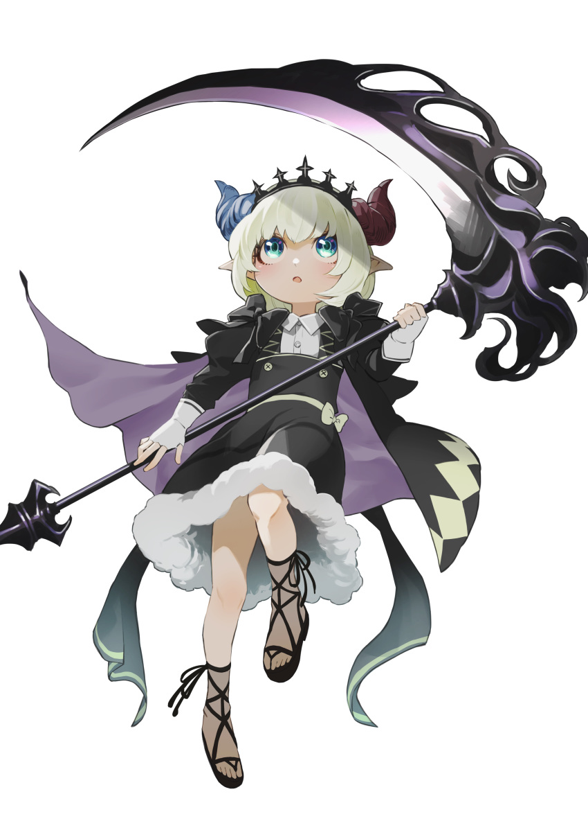 1girl absurdres black_bow black_capelet black_dress black_footwear blonde_hair blue_horns blush bow cape capelet dress fingerless_gloves gloves green_eyes highres holding holding_scythe holding_weapon horns omagacchu open_mouth original pointy_ears puffy_sleeves red_horns scythe short_hair simple_background solo weapon white_background white_gloves