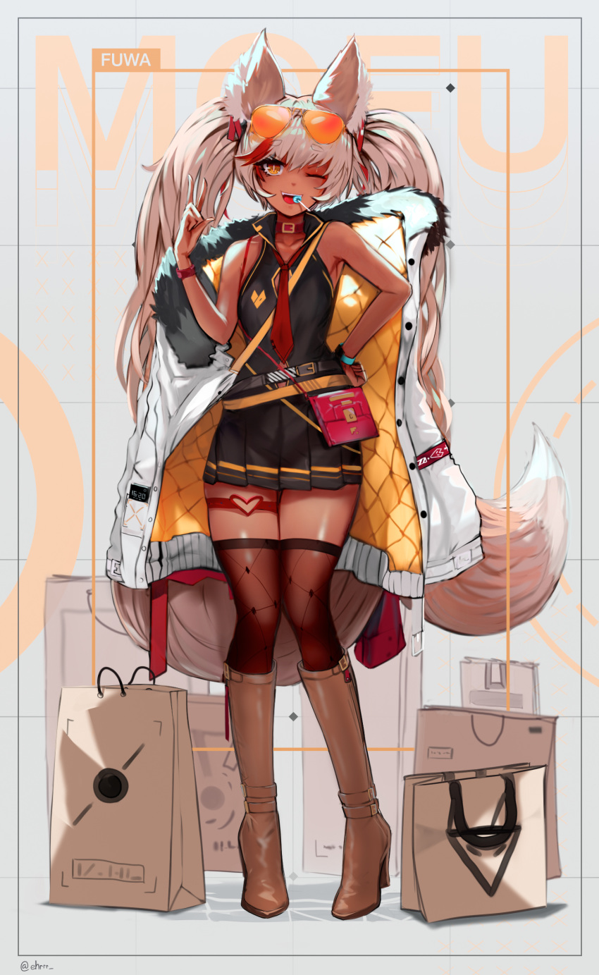 1girl ;d absurdres animal_ear_fluff animal_ears bag bare_shoulders belt black_dress boots candy collar commentary dark_skin dress ehrrr english_commentary eyebrows_visible_through_hair food fox_ears fox_girl fox_tail full_body hand_on_hip hand_up high_heel_boots high_heels highres knee_boots knees_together_feet_apart lollipop long_hair looking_at_viewer necktie one_eye_closed open_mouth orange-tinted_eyewear orange_eyes original paper_bag pleated_dress red_collar red_neckwear shoulder_bag sleeveless sleeveless_dress slit_pupils smile solo tail thigh-highs thigh_strap twintails v white_hair wristband