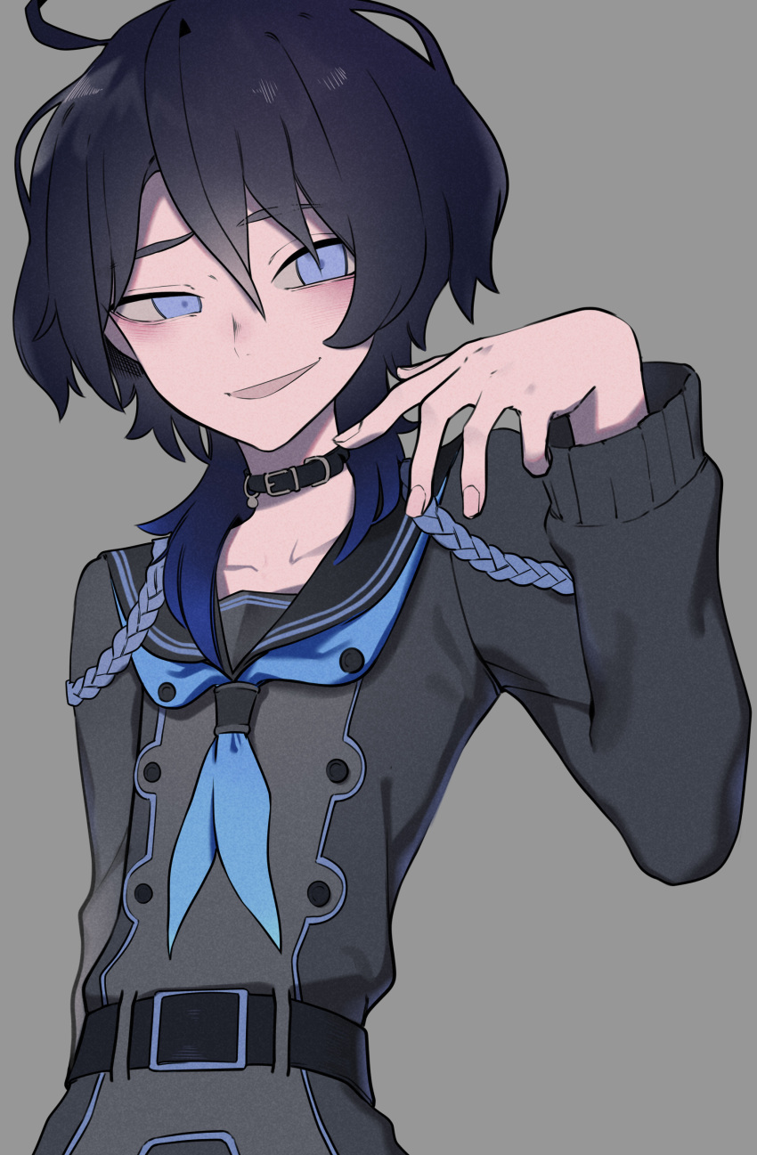 1boy absurdres ahoge bangs belt belt_buckle black_belt black_collar black_hair black_sailor_collar black_shirt blue_eyes blue_hair buckle collar collarbone commentary_request double-breasted gradient_hair grey_background hair_between_eyes half-closed_eye hand_up highres indie_virtual_youtuber kushizaki_(vtuber) long_sleeves looking_at_viewer male_focus medium_hair multicolored_hair neckerchief open_mouth sailor_collar school_uniform serafuku shirt short_hair simple_background smile solo st_(youx1119) upper_body virtual_youtuber